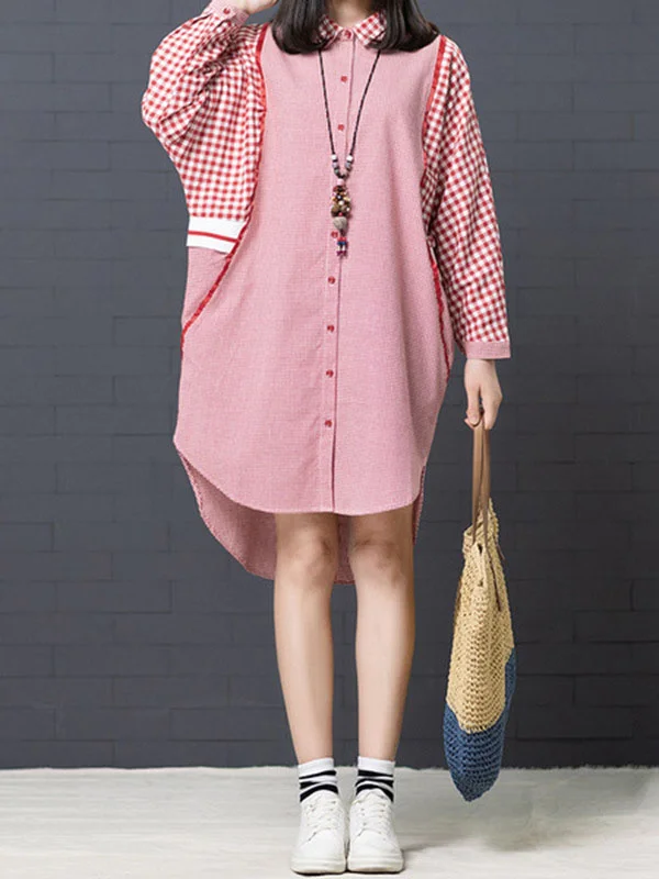 Buttoned Contrast Color Plaid Split-Joint High-Low Loose Lapel Shirt Dress Midi Dresses