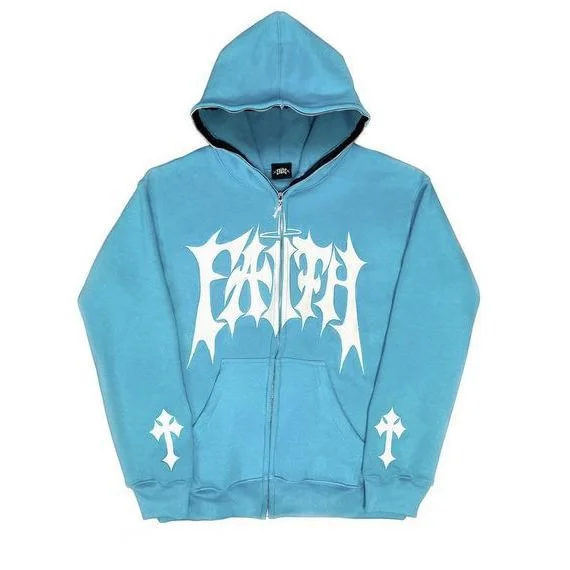 Cross Faith Letter Print Full Zip Up Hoodie at Hiphopee