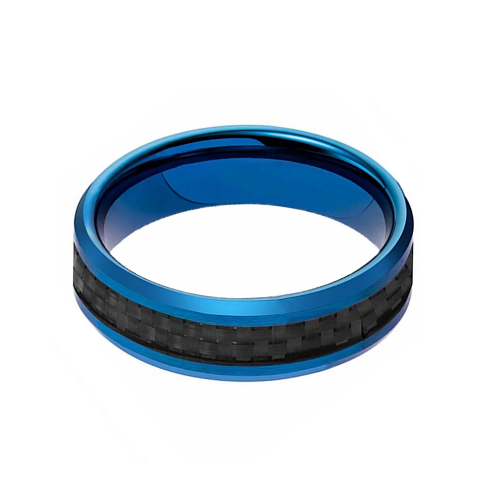 6MM Blue Tungsten Carbide Mens Ring Black Carbon Fiber Inlay Polished With Beveled Edge