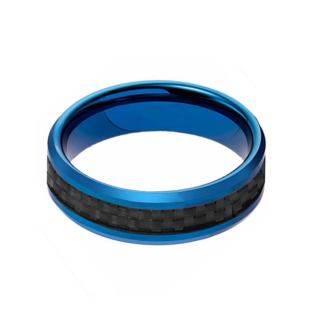 6MM Blue Tungsten Carbide Mens Ring Black Carbon Fiber Inlay Polished With Beveled Edge