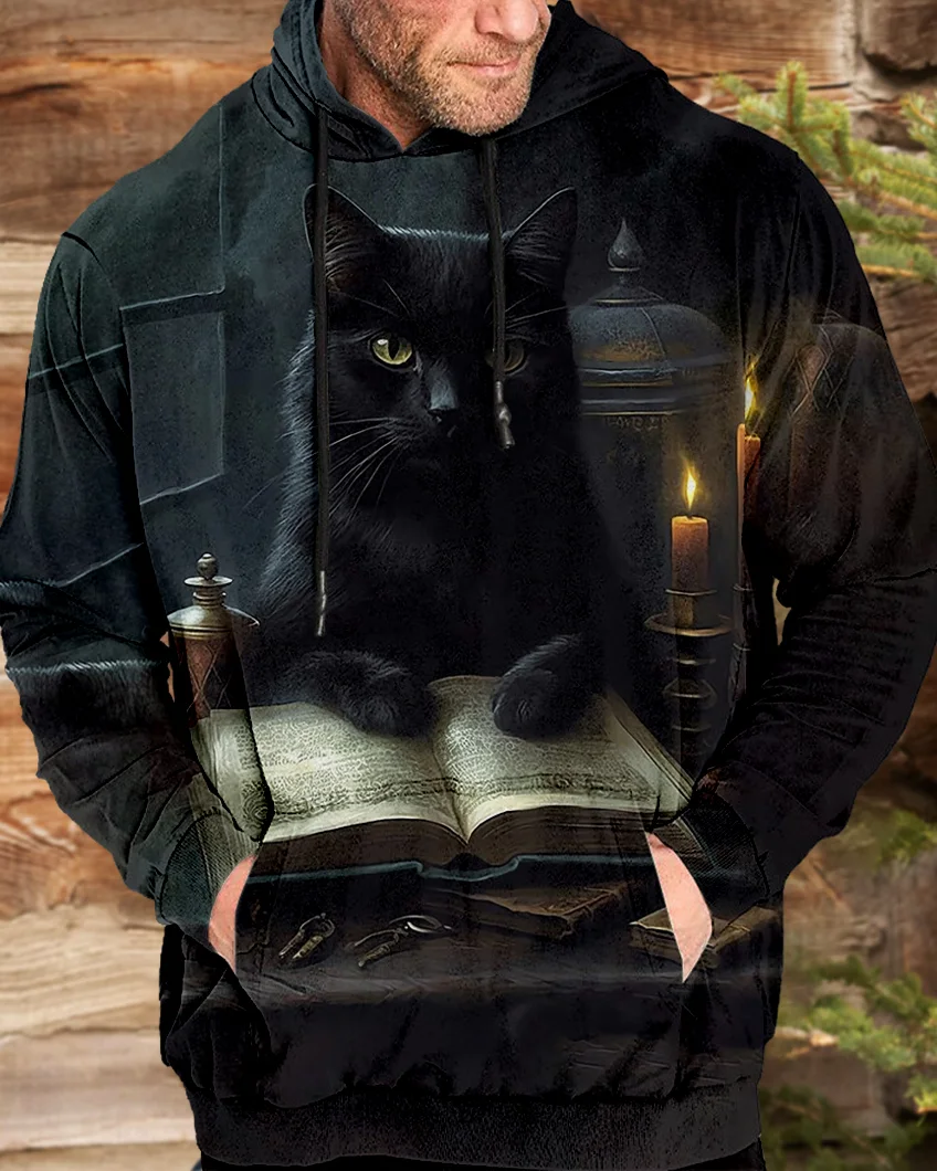 Suitmens Men's Halloween Black Cat Hoodie 00440