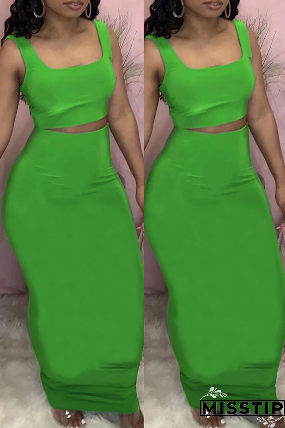 Green Casual Solid Vests Square Collar Sleeveless Two Pieces