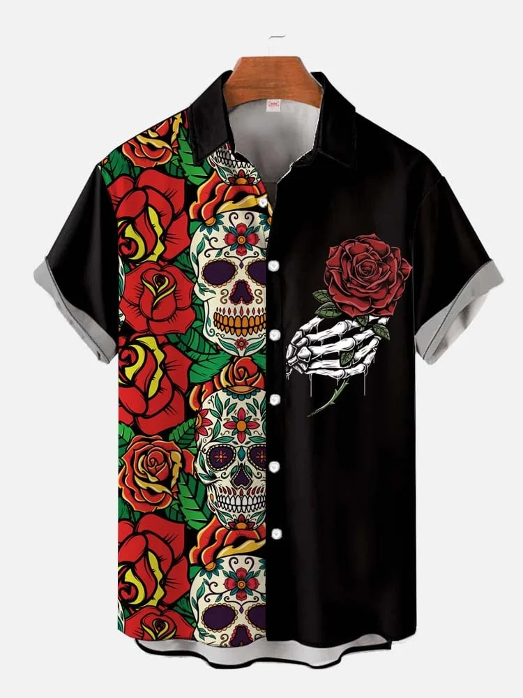 Bright Rose Skull Contrast Short Sleeve Shirt