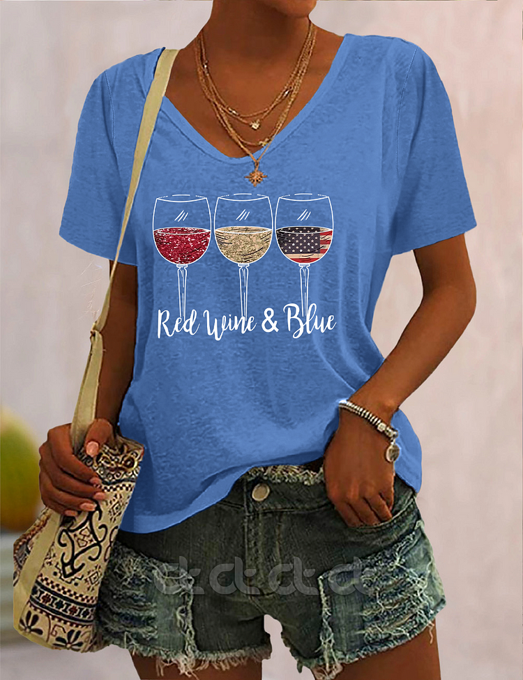 Red Wine & Blue 4th of July V-Neck T-Shirt socialshop