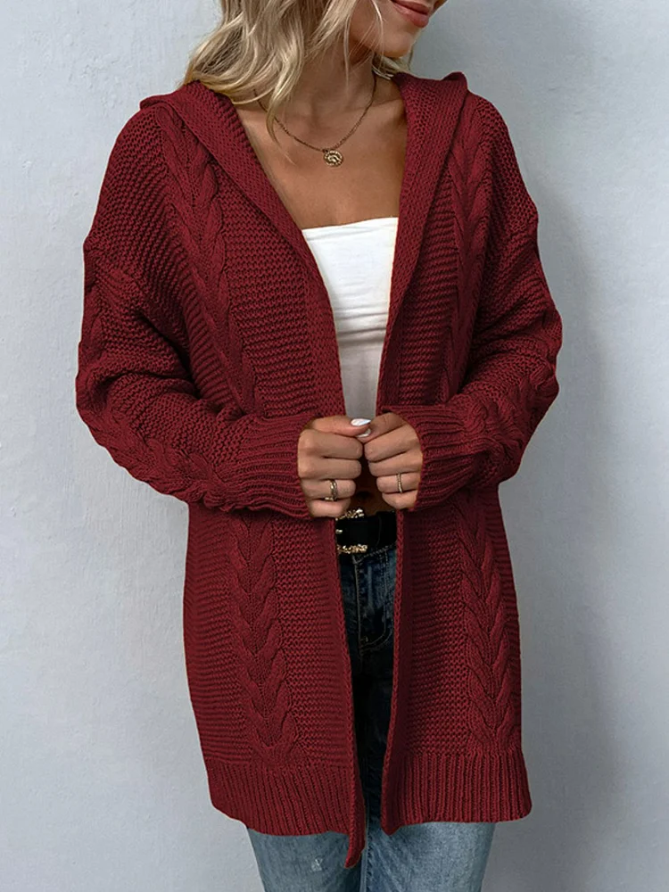 Women's Sweater Cardigan Cable-Knit Longline Hooded Cardigan