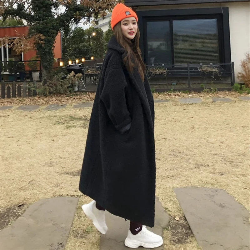 Winter Women Solid Fur Coat Long Sleeve Casual Fleece Jacket Female Turn Down Collar Long Teddy Coat Outerwear