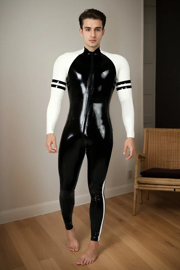 Man Latex Catsuits Collegiate Twin-Striped Front Zipper Raglan-Sleeved
