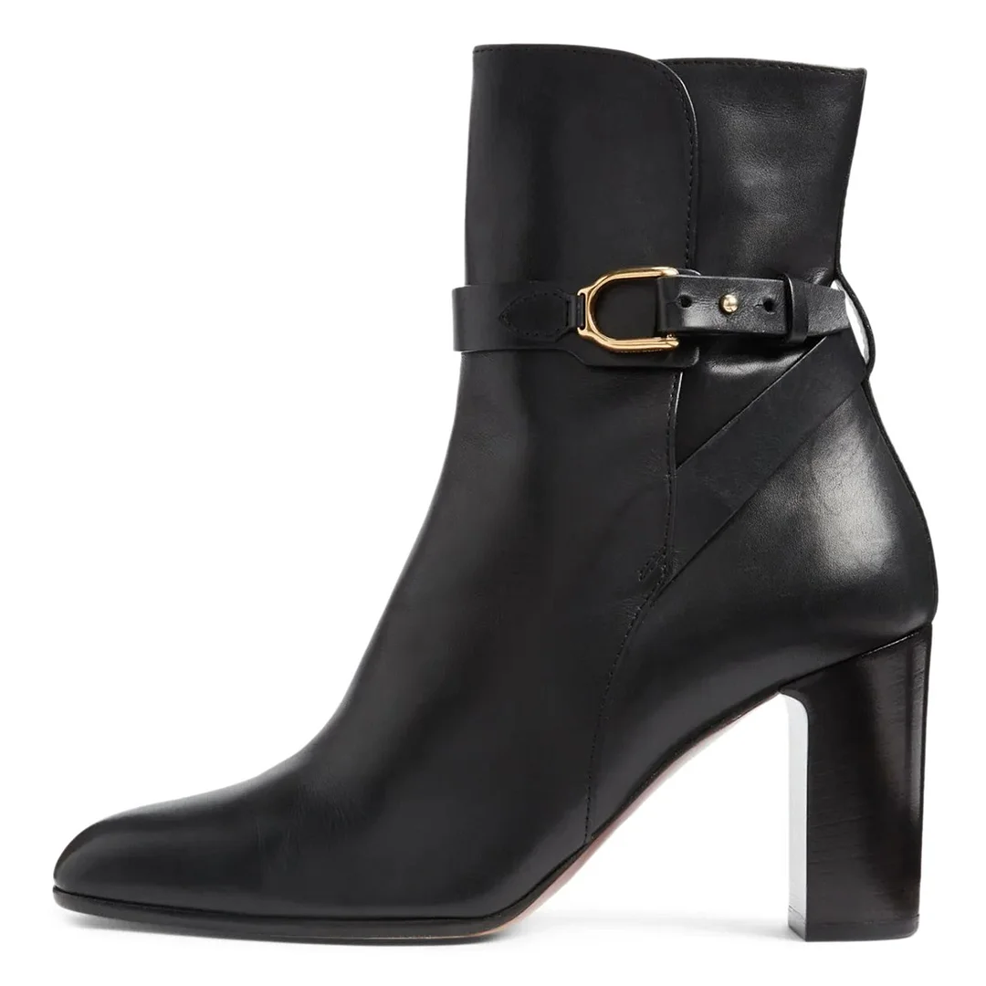Women's Square Toe Buckle Decorative Strap Black Heel Booties