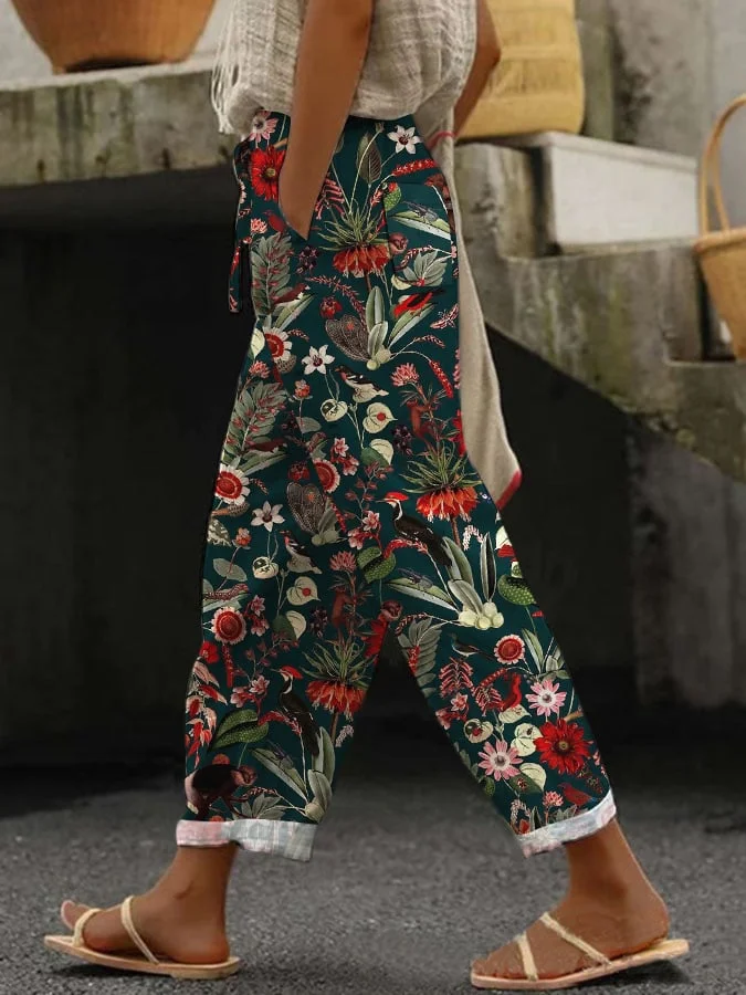 Women's Floral Design Print Lace-Up Loose With Elastic Waist  Casual Pants