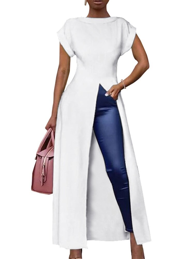 Splited Solid Color Short Sleeve O-neck Long Blouse For Women - Shop Trendy Women's Clothing | LoverChic