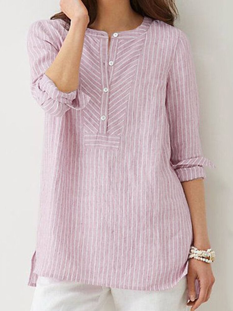 Stripe Button Slit Hem Casual Blouse - Shop Trendy Women's Fashion | TeeYours