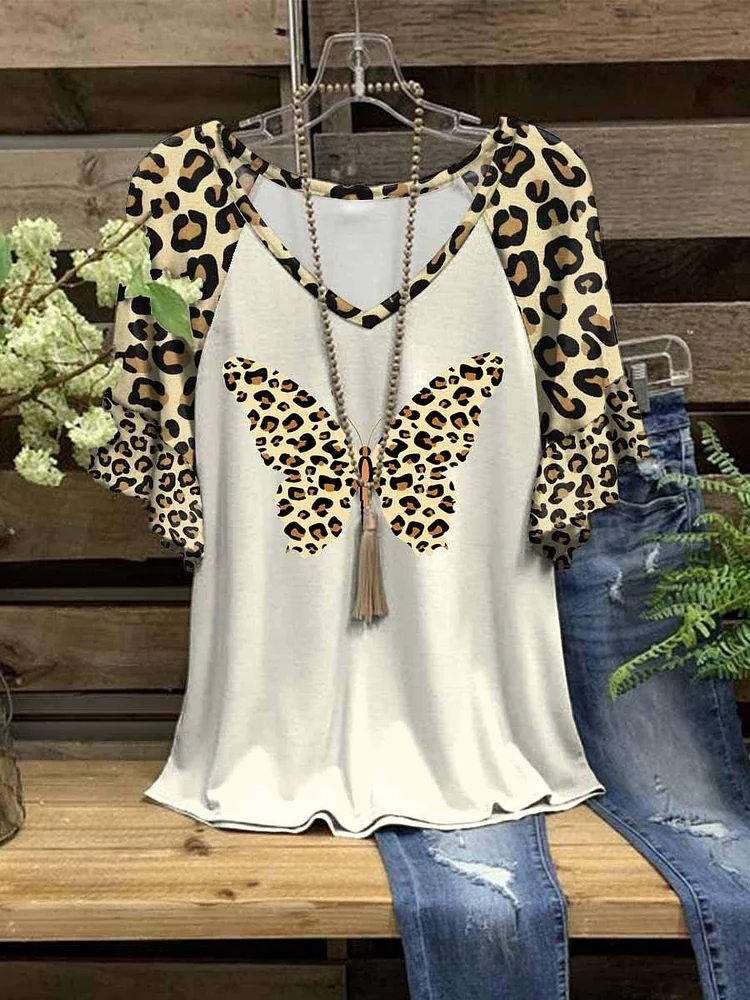 Women's Summer New V-Neck Butterfly Leopard Print Loose Short Sleeve Top
