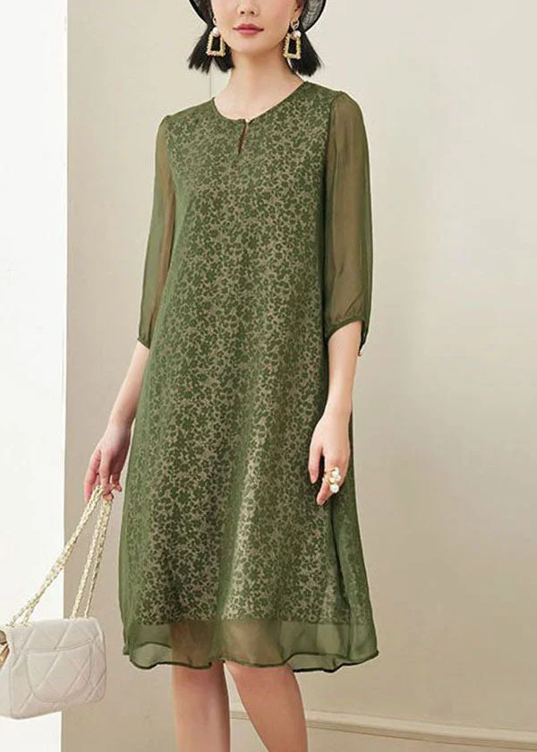 Plus Size Green O-Neck Print Chiffon A Line Dress Half Sleeve