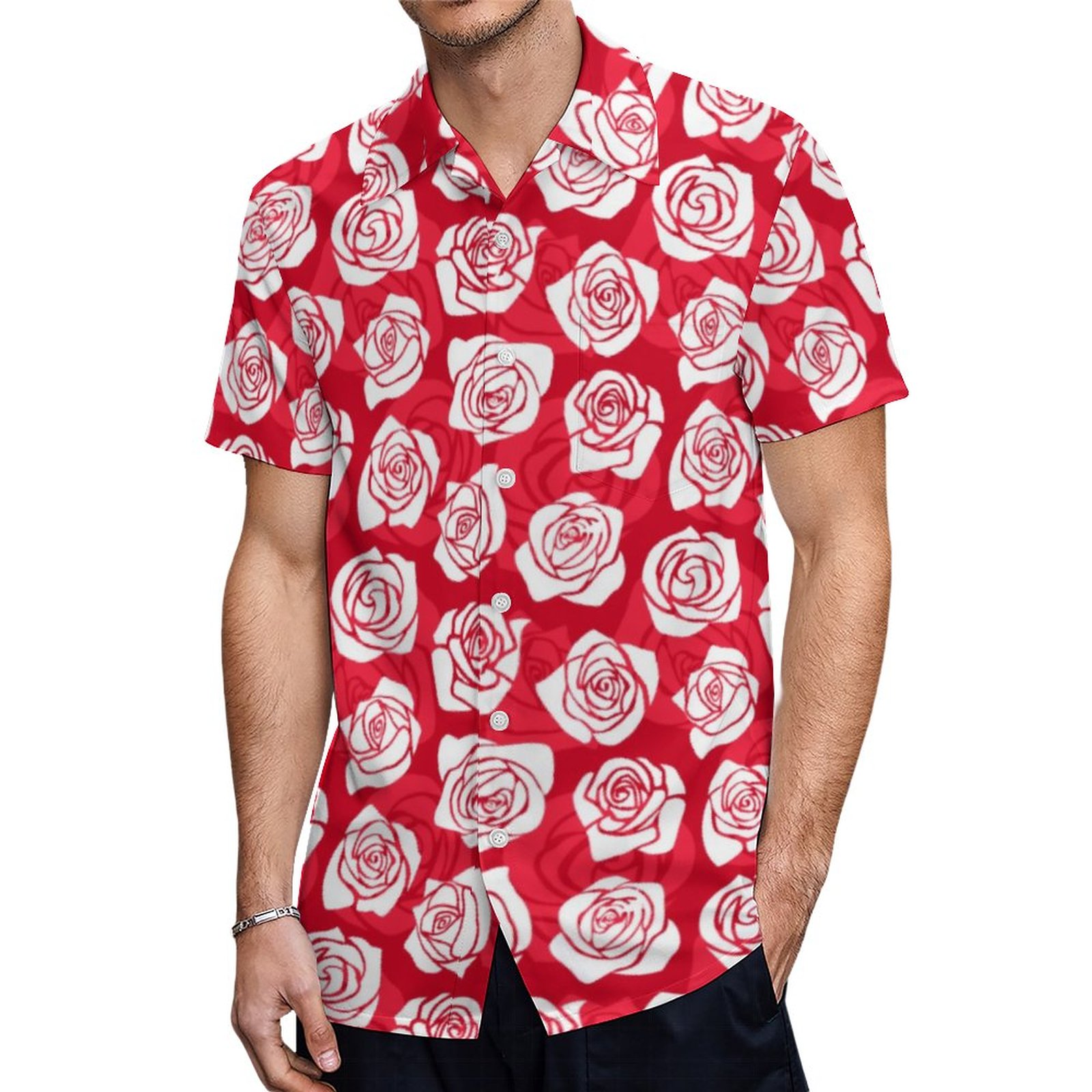 Vintage White And Red Roses Insulated Water Bottle Hawaiian Shirt Mens Button Down Tropical Hawaii Beach Shirts