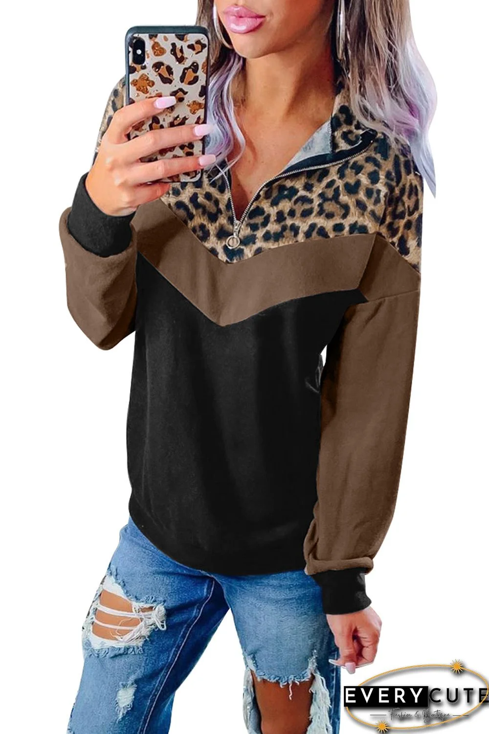 Leopard Print Splicing Colorblock Zipped Collar Sweatshirt