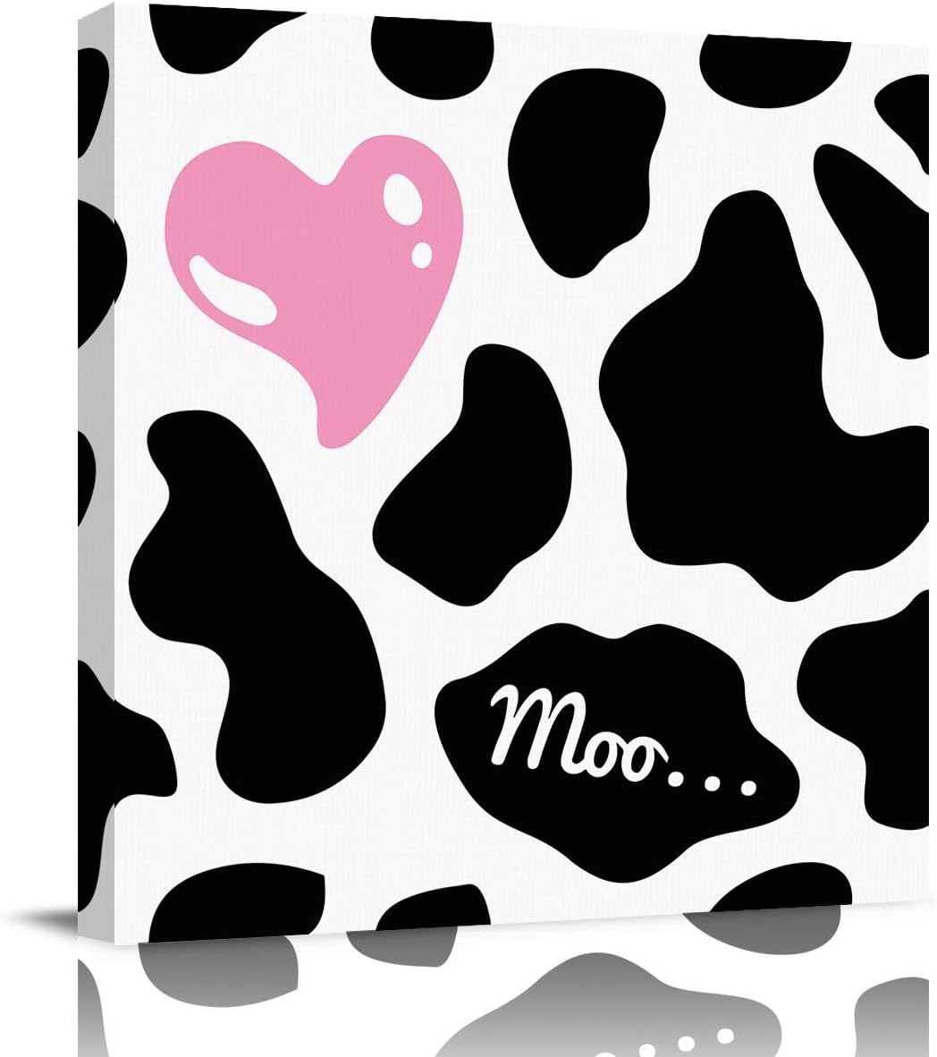 Print Canvas Wall Art for Living Room Bedroom Bathroom, Pink Love Heart and Black White Cow Pattern Canvas Picture Framed Wall Art, Gallery Wrap Poster Art for Home Decor 16 inch x16 inch  16&#034;x16&#034;