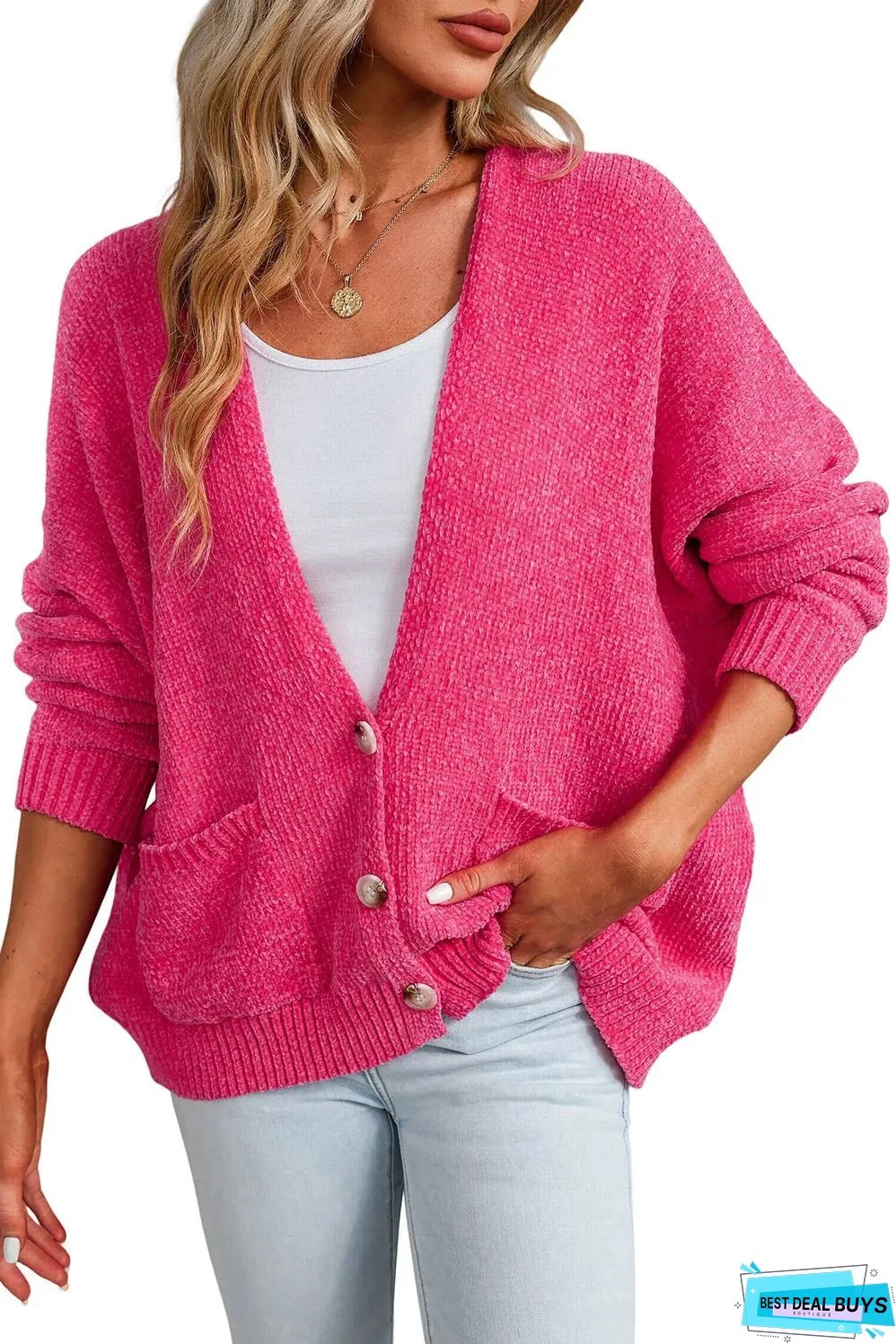 Rose Buttons Front Pocketed Sweater Cardigan