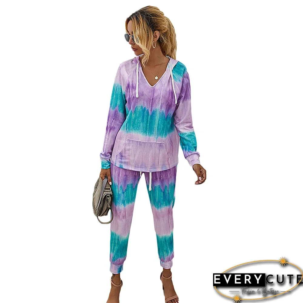 Purple Tie Dye Print Drawstring Hoodie with Pants Set