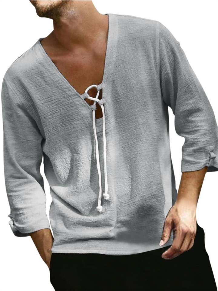 Men's Solid Colorblocking Loose Fashion Beach Wind Casual Cotton and Linen Fashion 7-point Sleeves V-neck Cross Tie Tops