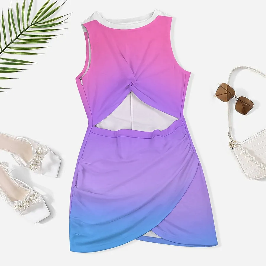 Pink Purple Blue Ombre Women's Sexy Cutout Twist Front Bodycon Dress Sleeveless Slim Fit Wrap Hem Mini Tank Dress Pink & Blue-4XL Pink Purple Blue Ombre Women's Sexy Cutout Twist Front Bodycon Dress Sleeveless Slim Fit Wrap Hem Mini Tank Dress Pink & Blue-4XL