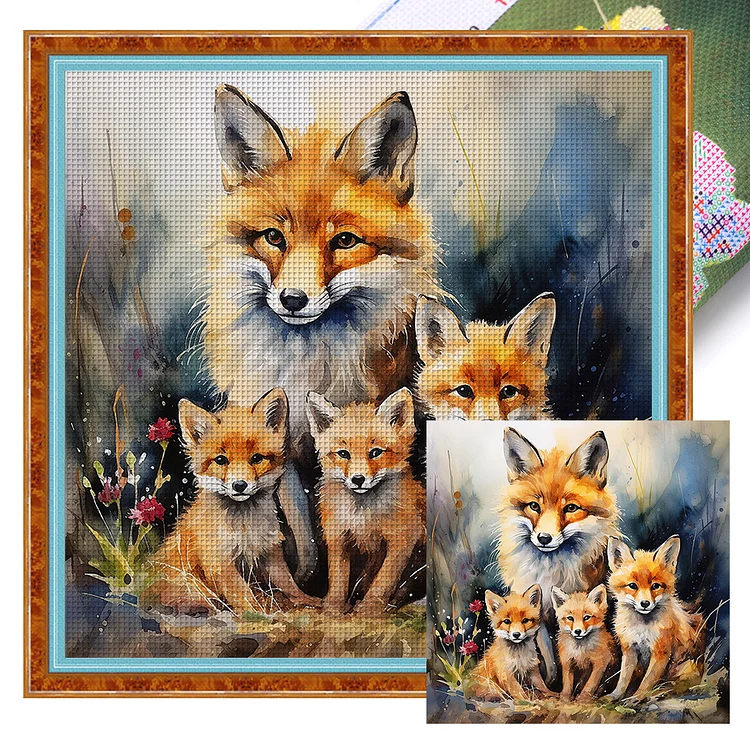 【Huacan Brand】Mother'S Day-Fox Mother And Son 11CT Stamped Cross Stitch 45*45CM