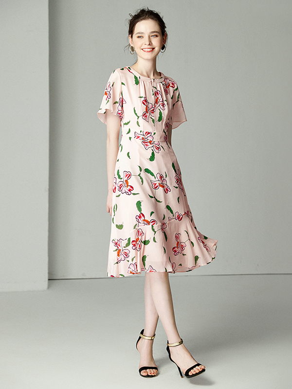 Silk Dress French Retro Floral Elegant Style