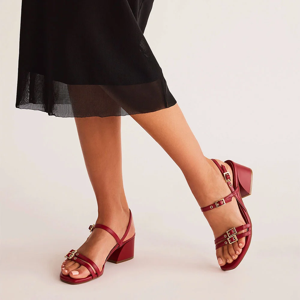 Chic Maroon Square Toe Multiple Straps Buckle Block Heel Sandals