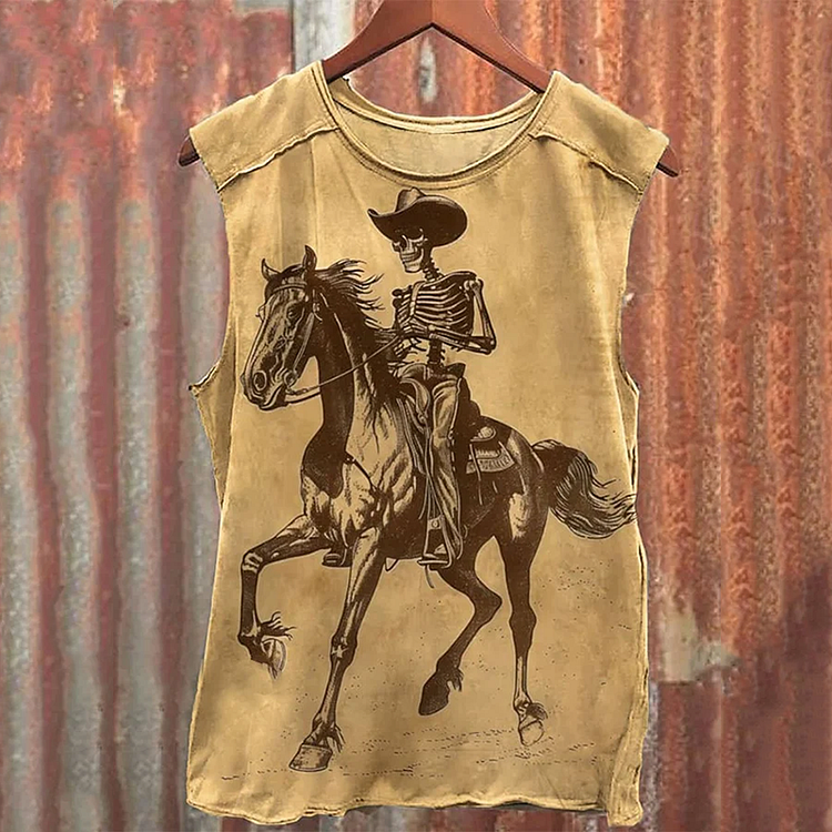 Comstylish Men's Vintage Cowboy Ghost Skull Riding Horse Art Print Vest