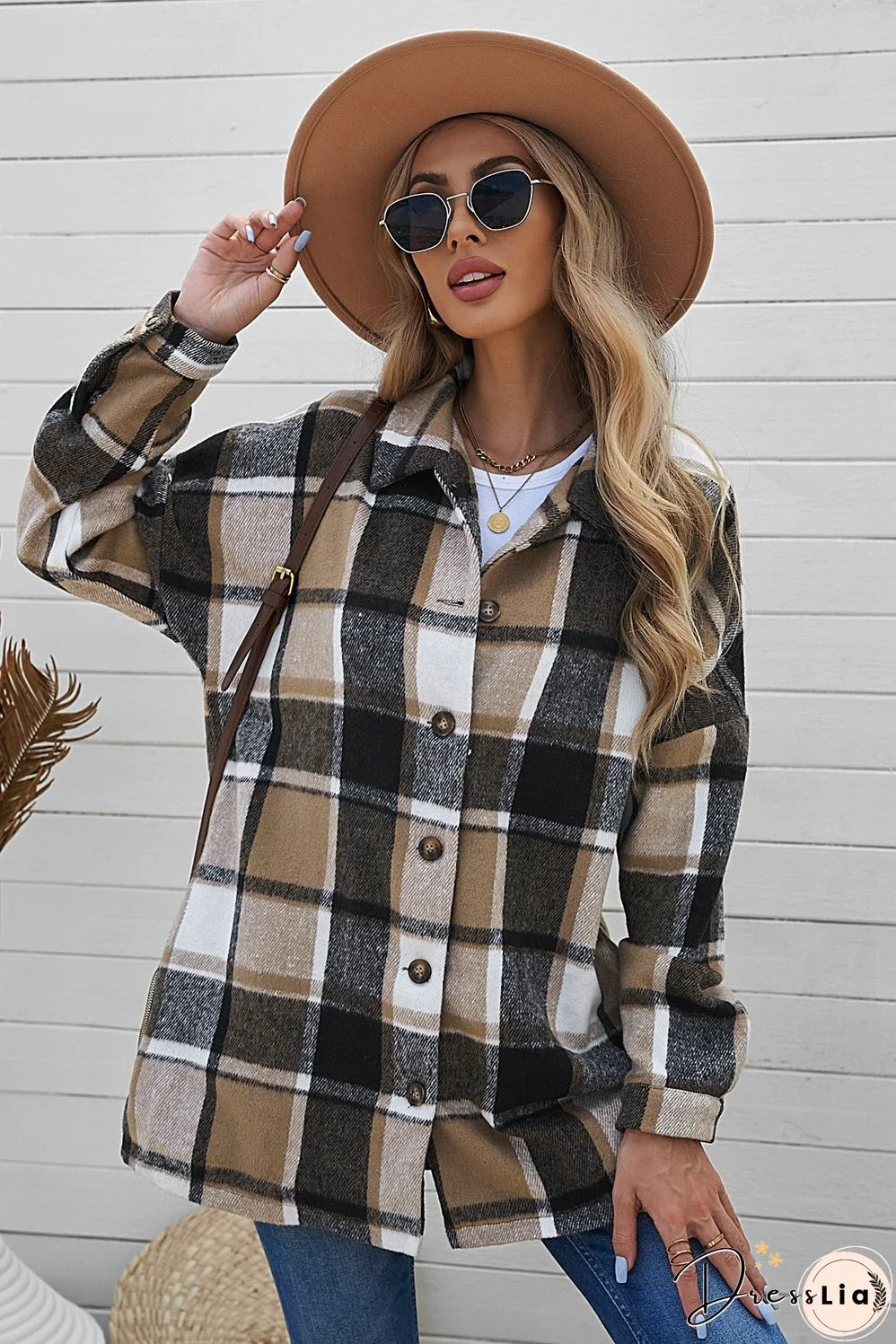 Double Take Plaid Dropped Shoulder Pocketed Shirt Jacket