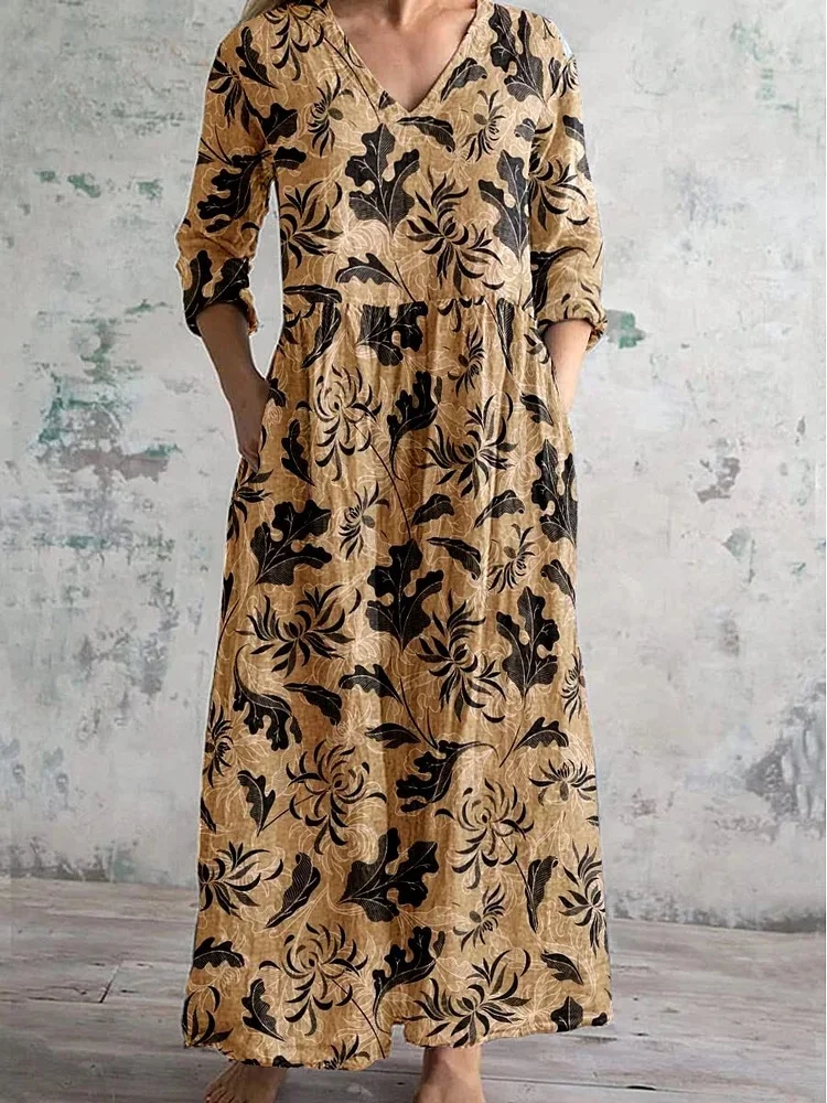 Women's Elegant Sleeve and Floral Print V-Neck Dress