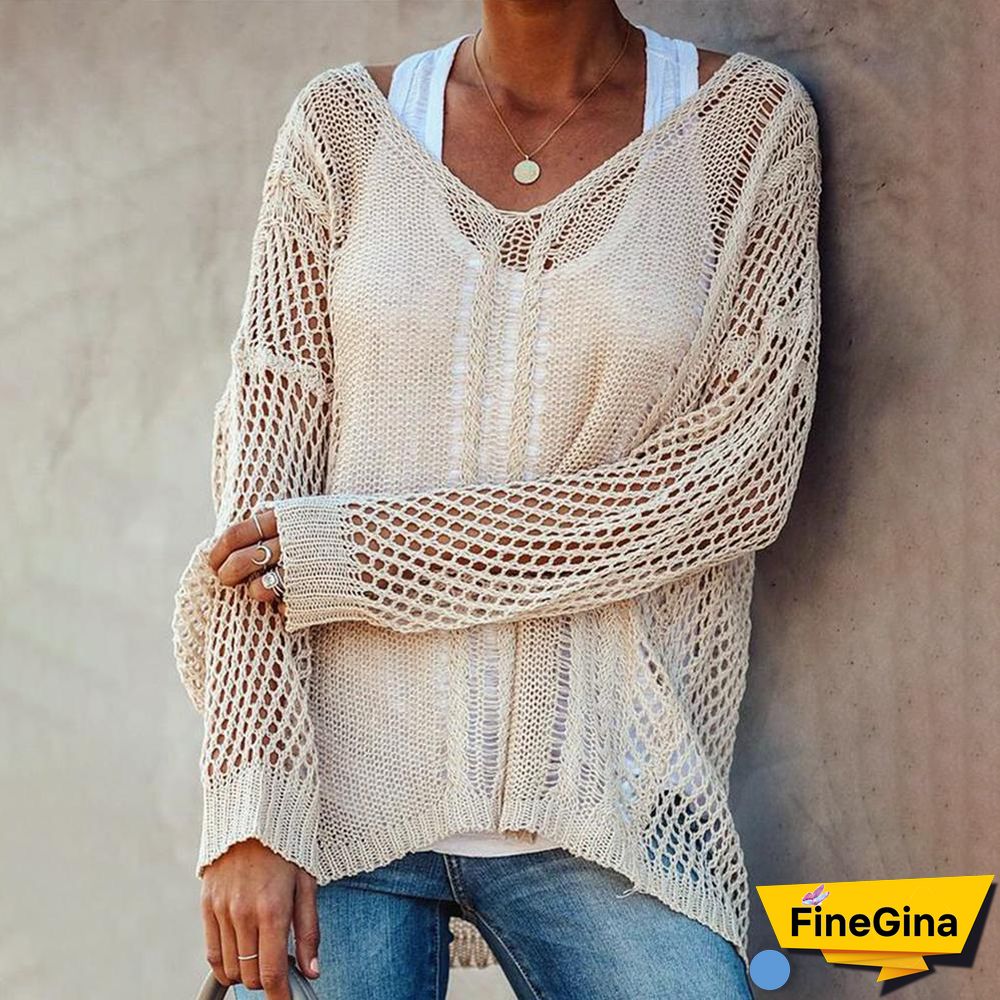 Beige Plain Long Sleeve V-Neck Knit Top