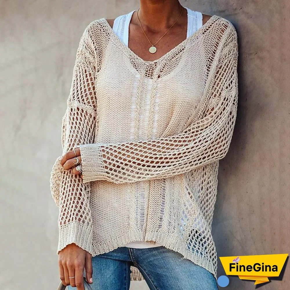 Beige Plain Long Sleeve V-Neck Knit Top