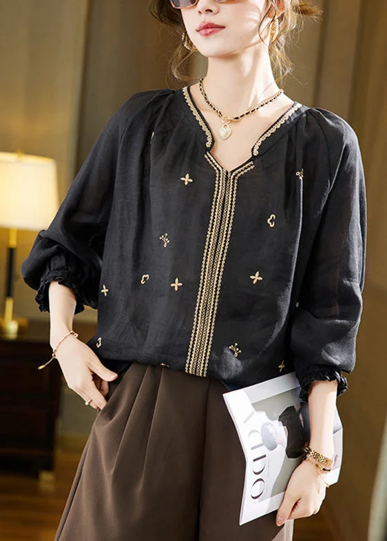 Black Embroideried Solid Linen Top Long Sleeve