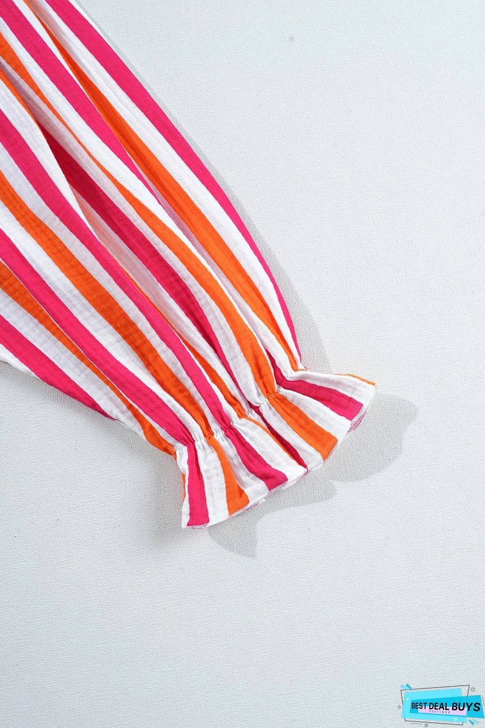 Orange Stripe Balloon Sleeve Notched V Neck Buttoned Front Blouse