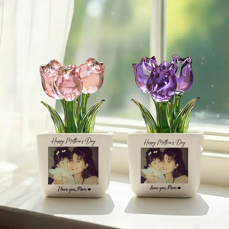 Personalized Photo Glass Tulip Potted Plant - Custom Flower Pot with Picture, Photo Gift for Mom, Mother&rsquo;s Day Gift, Birthday Gift for Mom - Personalized Photo Glass Tulip