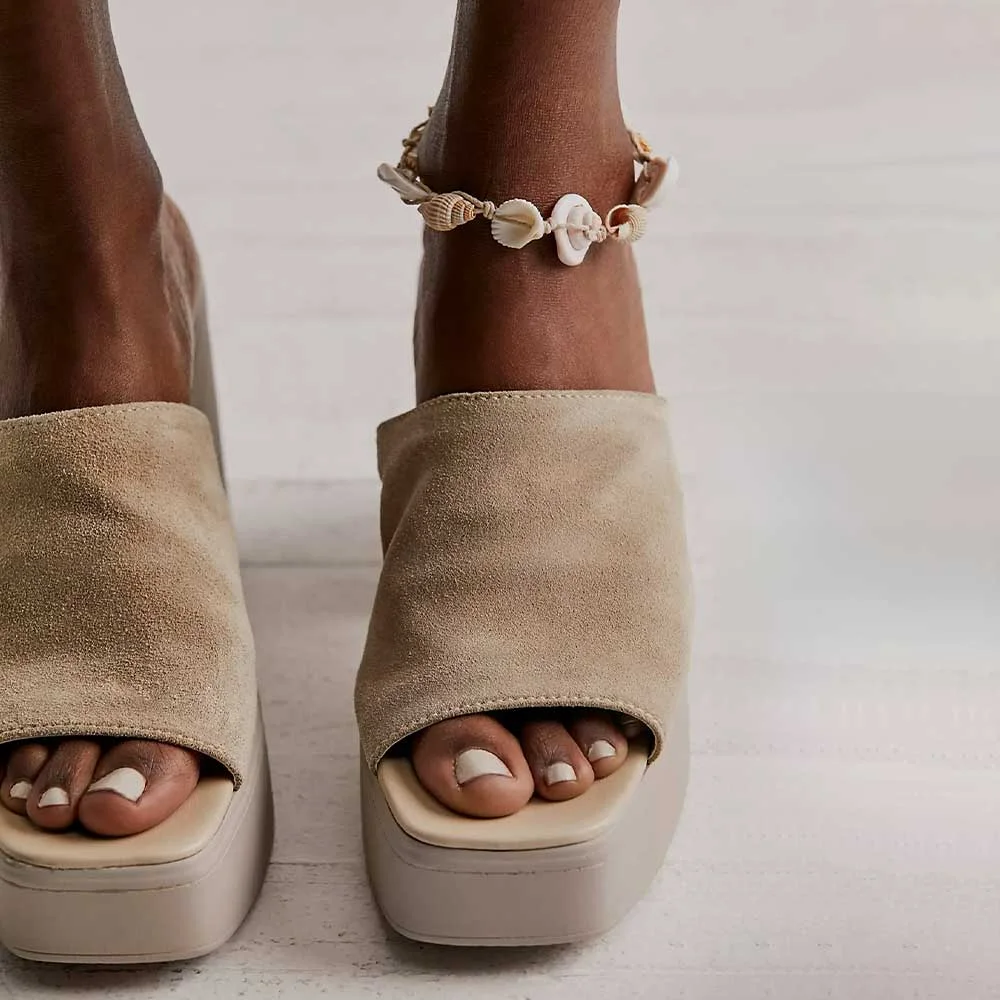 Beige Vegan Suede Wide Strap Square Toe Platform High Heeled Mules