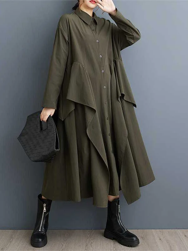 Unique Black Lapel Buttoned Patchwork Ruffle Trim Long Sleeve Dress