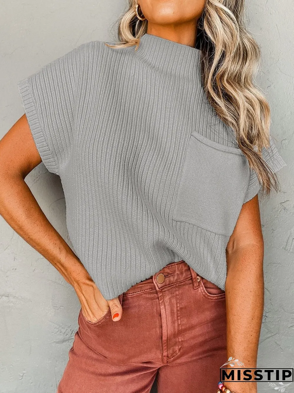 Short Sleeve Mock Neck T-Shirt with Side Slits
