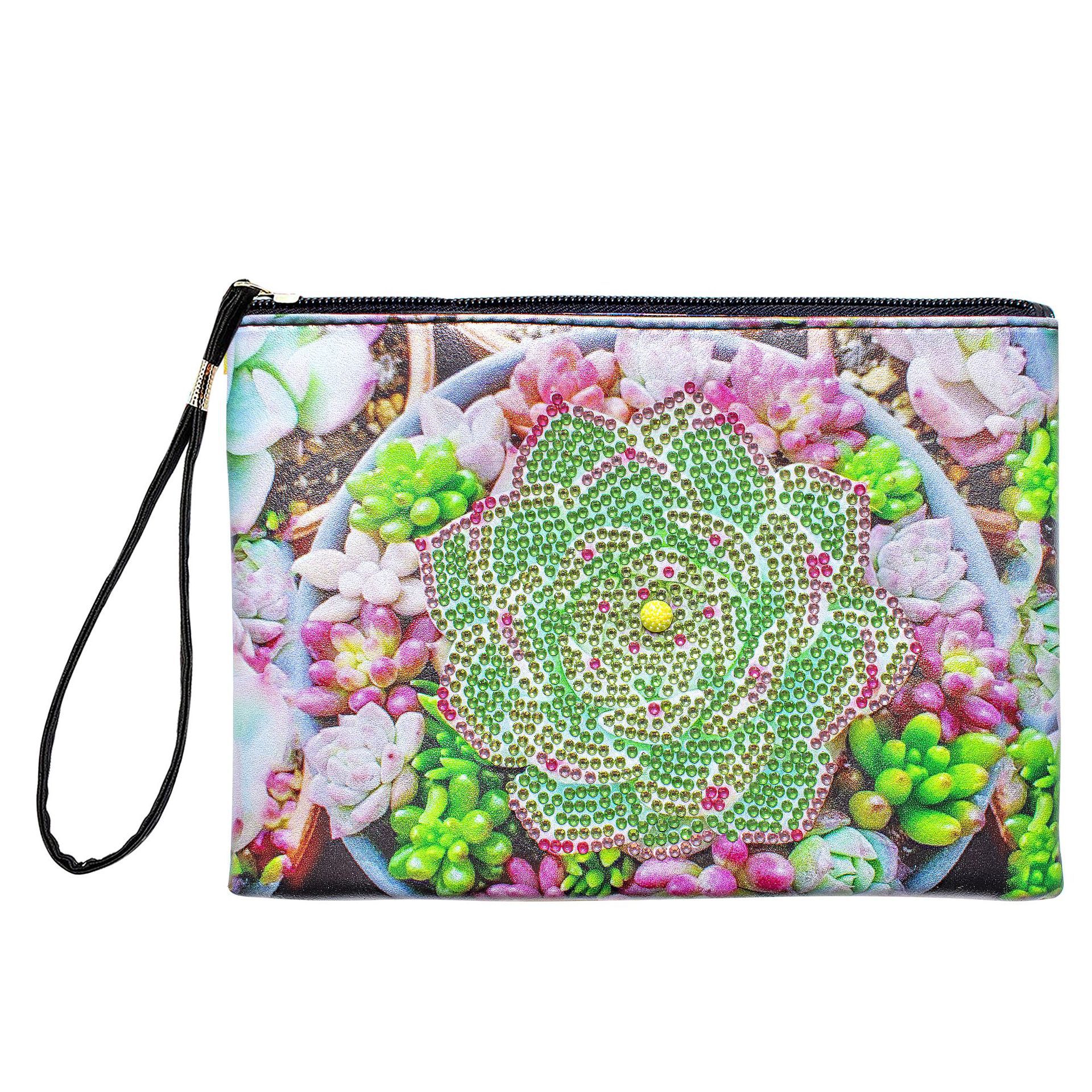 1 piece 5D DIY diamond painted handbag makeup bag, green succulent style handmade diamond art craft bag