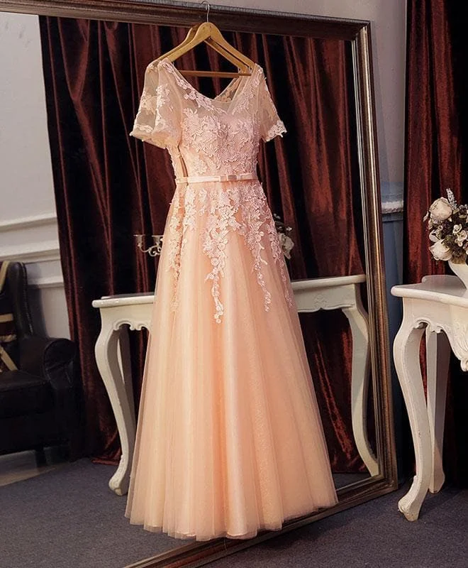 Pink Lace Tulle Long A Line Prom Dress, Pink Evening Dress