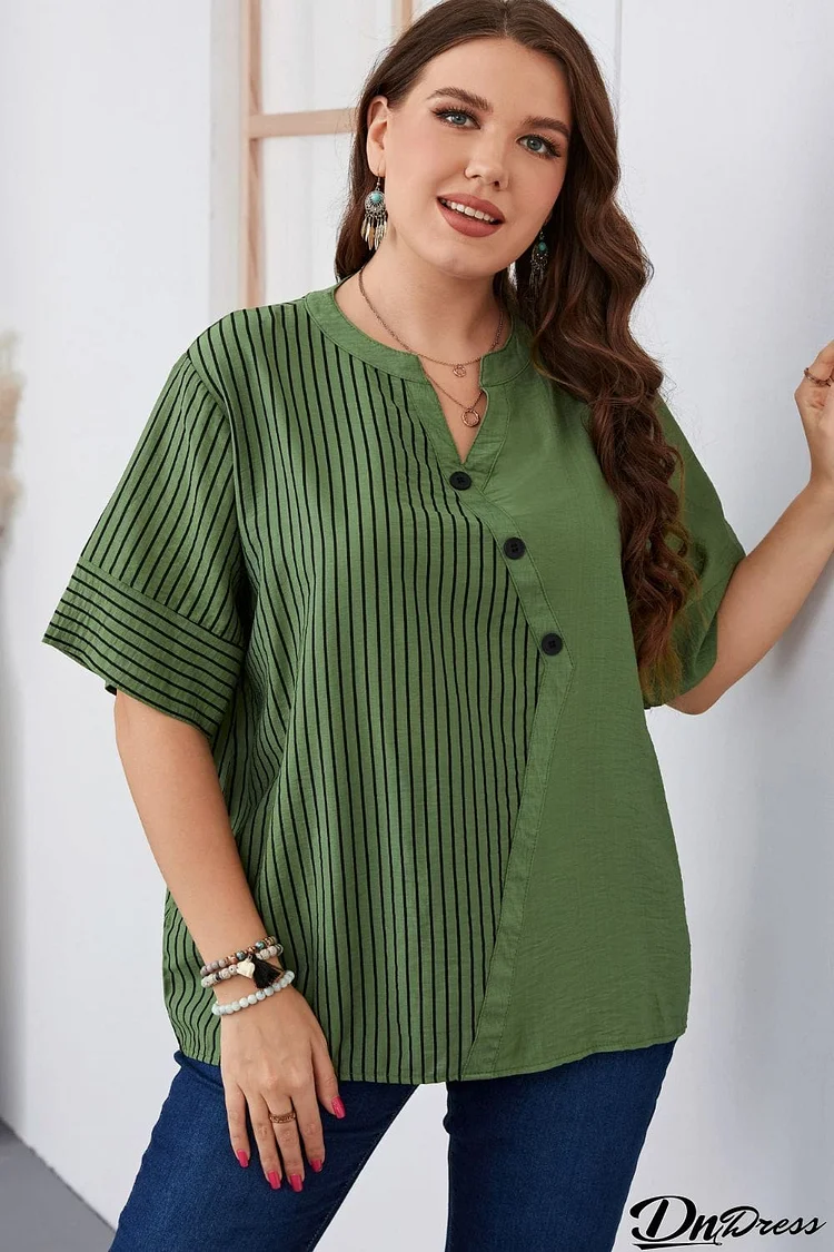 Plus Size Striped Notched Neck Half Sleeve Top