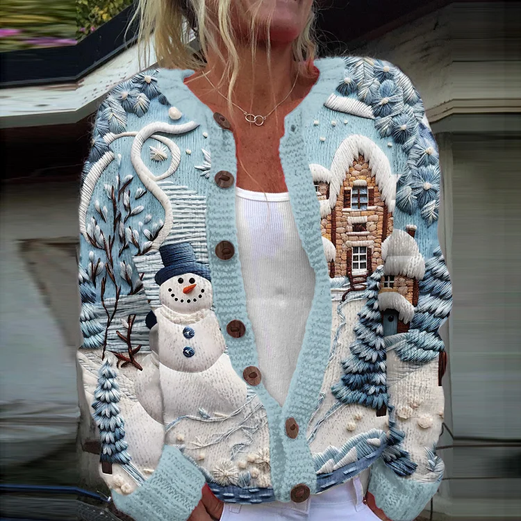 Christmas House Knitted Print Women's Sweater Cardigan