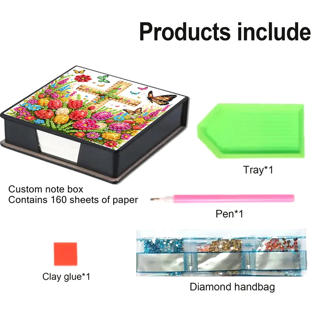 DIY Flower Cross Leather Diamond Art Note Box with 160 Sheets of Paper for Beginners