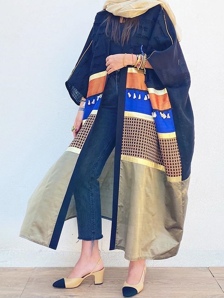 Navy-blue&khaki block women baggy abaya cardigan