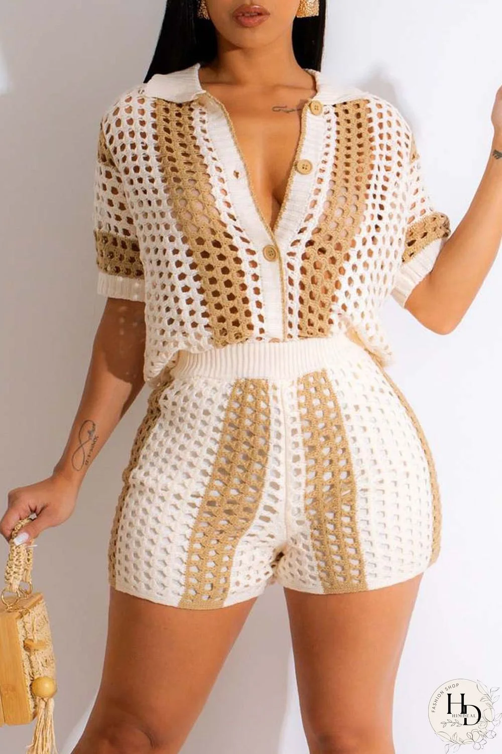 Rose Red Sexy Hollowed Out Patchwork Buckle Turndown Collar Short Sleeve Two Pieces