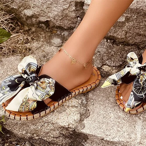 2021 Women Bow Slippers Female Sewing Hemp Platform Flat Ladies Summer Beach Shoes Women's Casual Open Toe Slides Plus Size