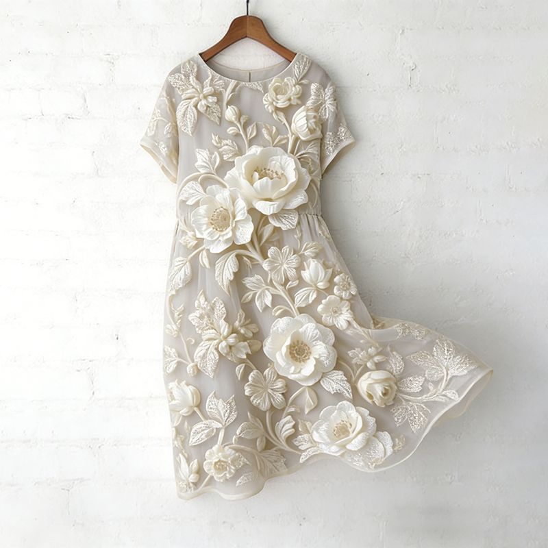 Women's Floral Print Round Neck Short Sleeve Midi Dress wearshes