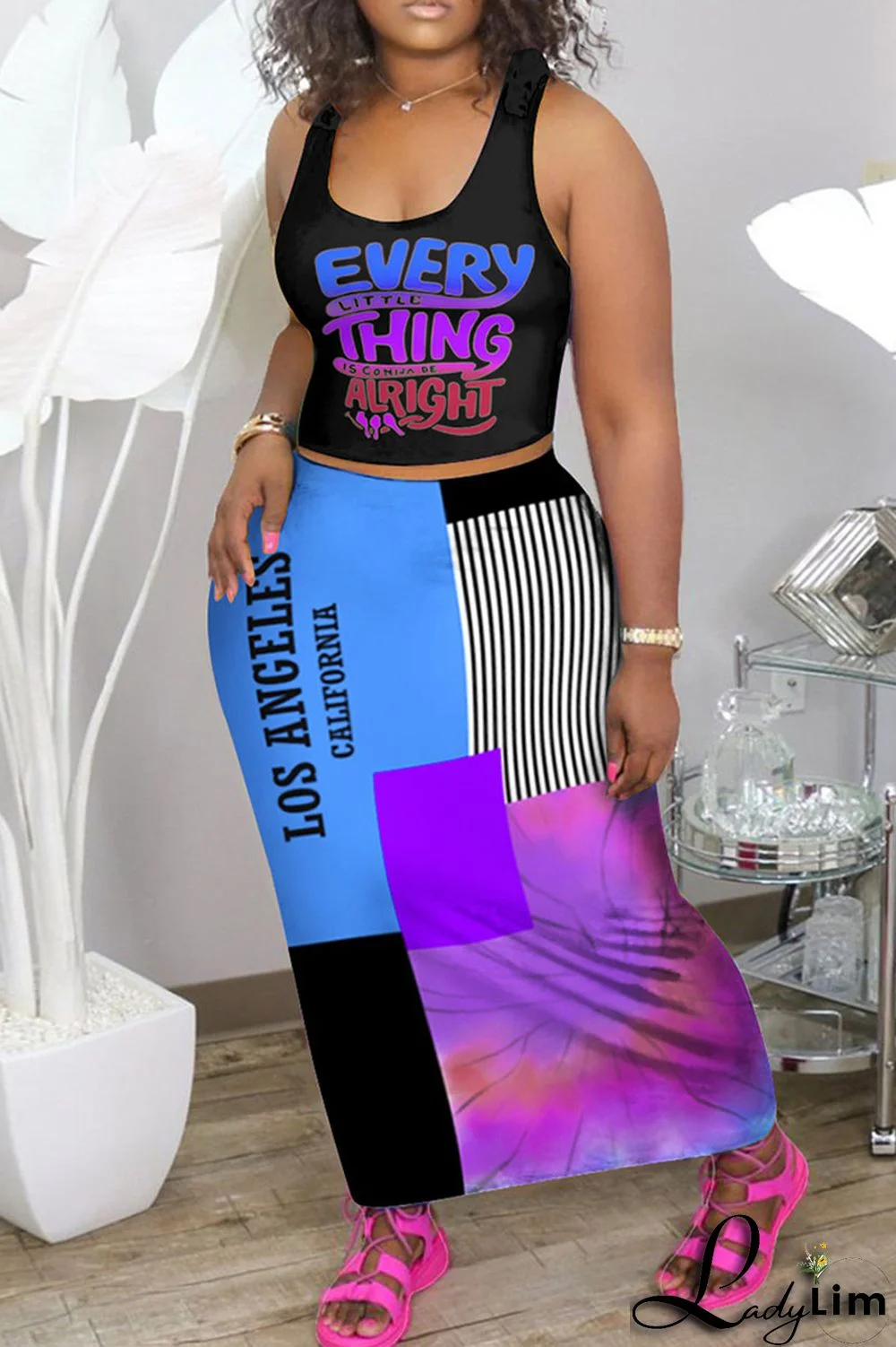 Black Orange Fashion Sexy Print Basic U Neck Plus Size Two Pieces