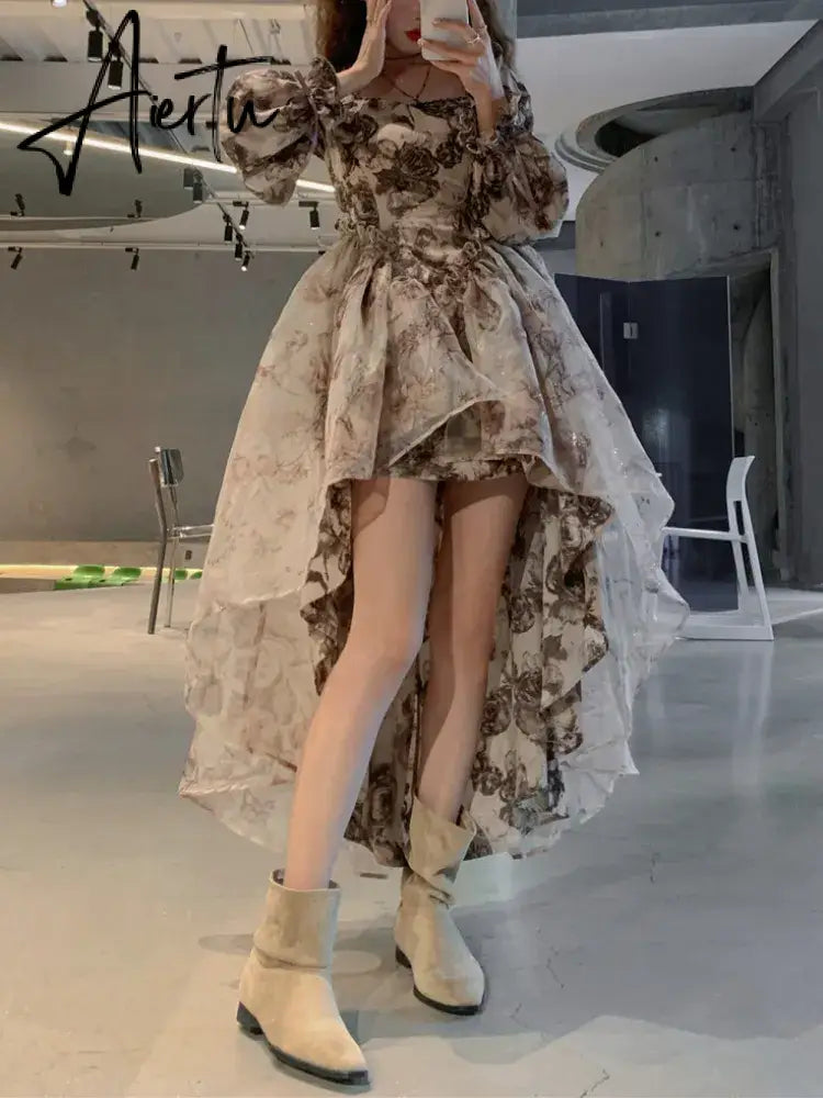 Print Floral Evening Dress Women Vintage Mesh Midi Party Dress Female Puff Sleeve Sweet Dress Square Collar Autumn Beach Dress Aiertu