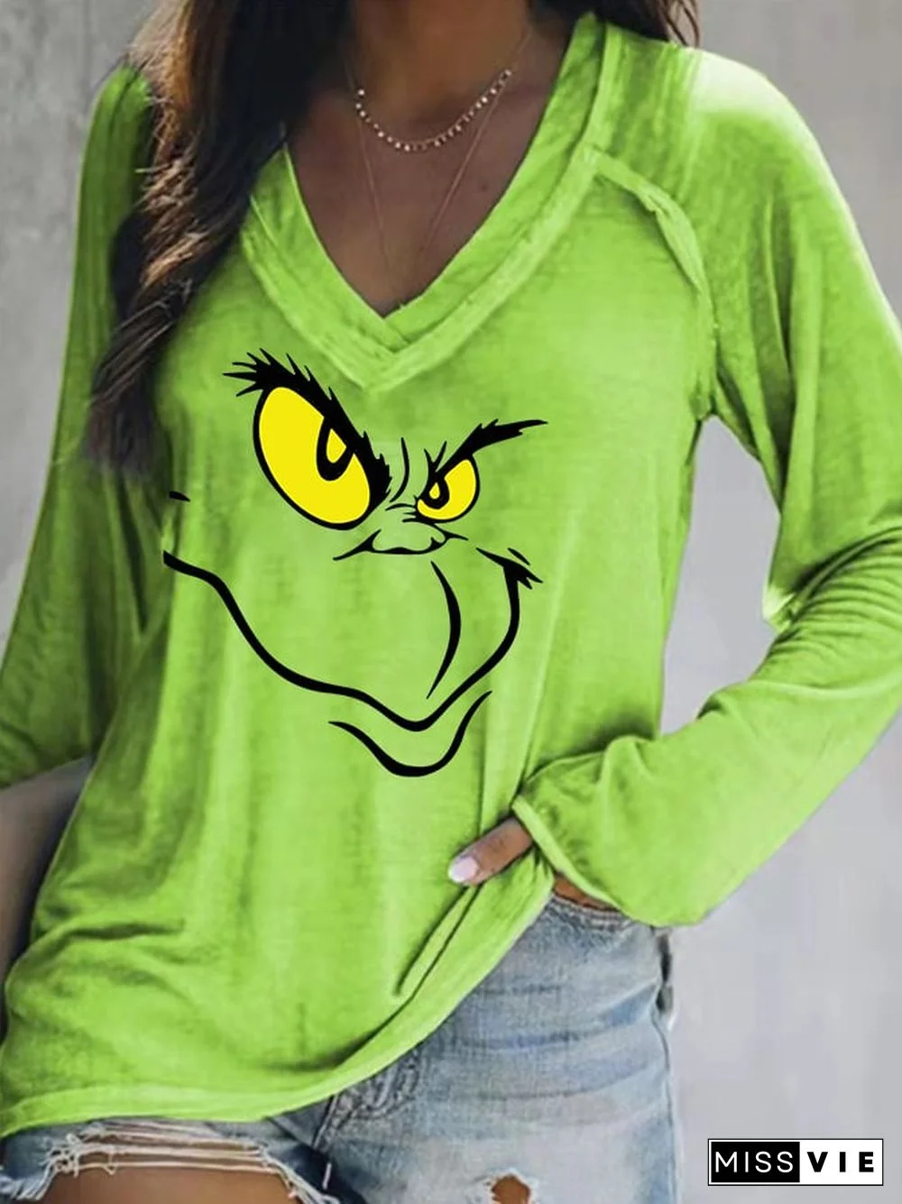 Women's Christmas Cartoon Character Casual V-Neck Long-Sleeve T-Shirt